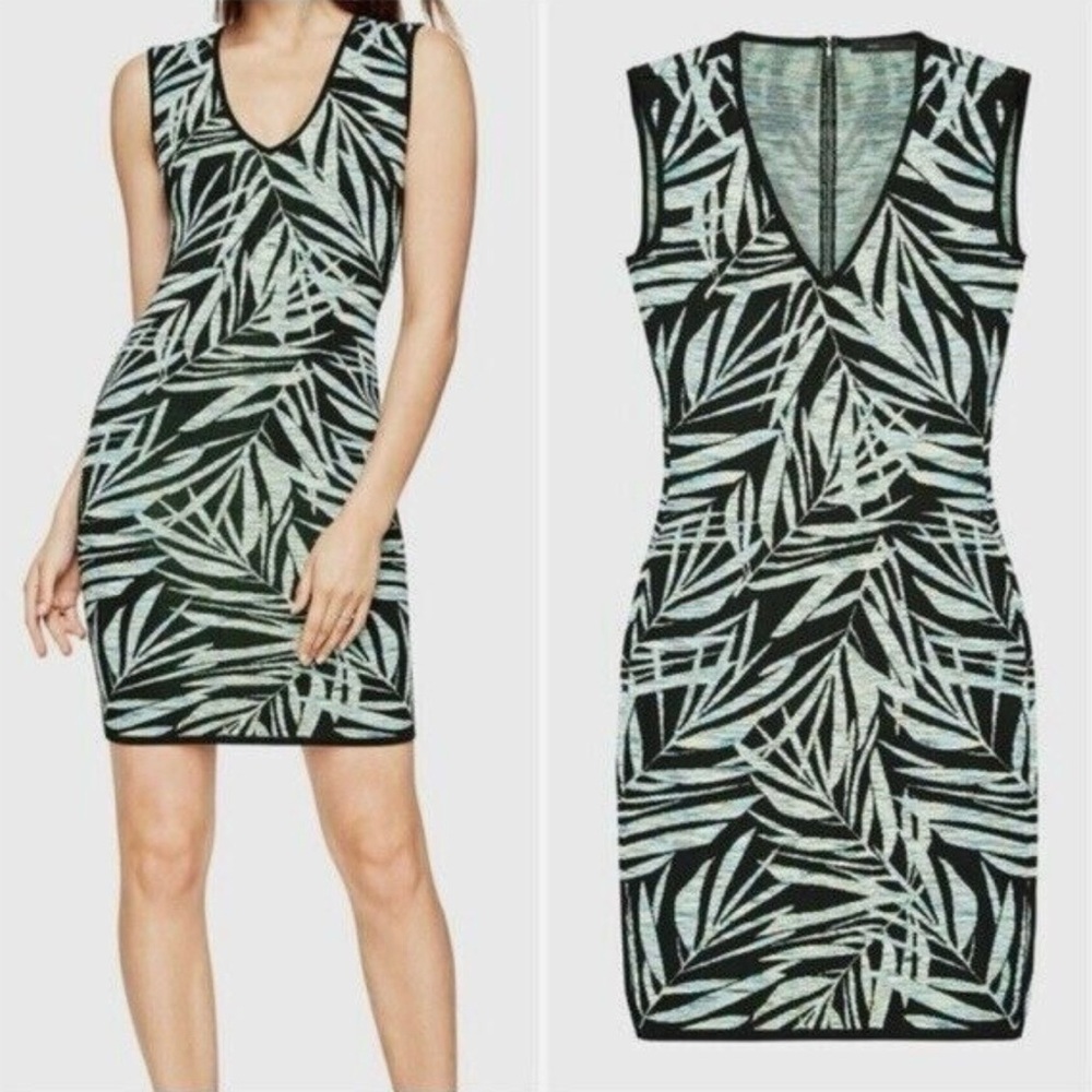 BCBG MAXAZRIA Gari Palms Mini Dress Bodycon Bandage Green Black Size XS